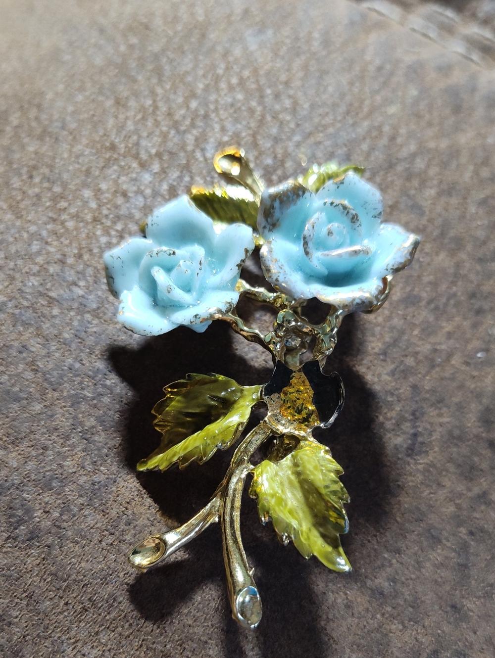 Coro 1950s Baby Blue Rose Porcelain and Enamel Brooch 2.5 "
